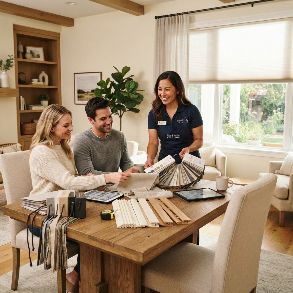 A specialist showing blind and fabric samples to homeowners during an in-home consultation