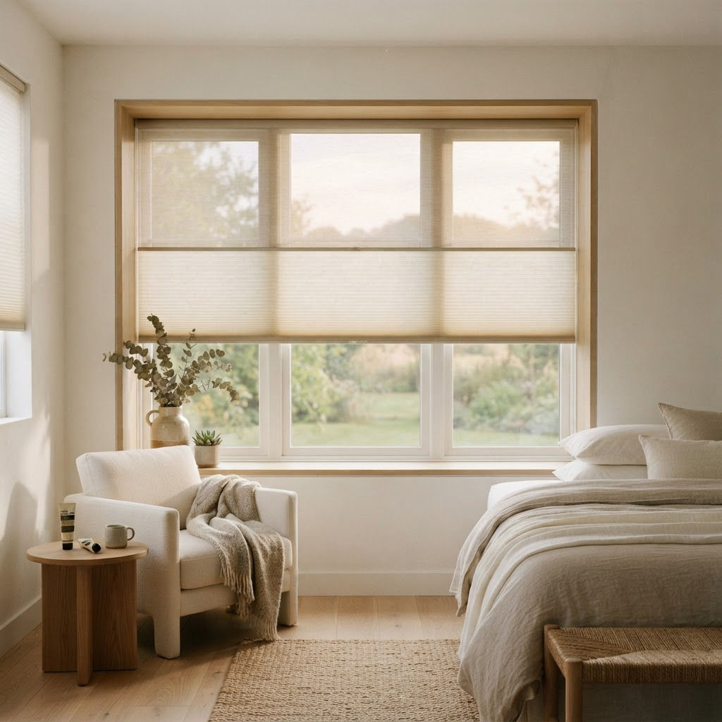 Cellular and roller shades in cream tones on a bedroom window