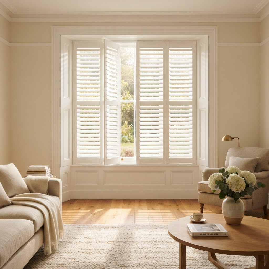 Classic white plantation shutters with open louvers